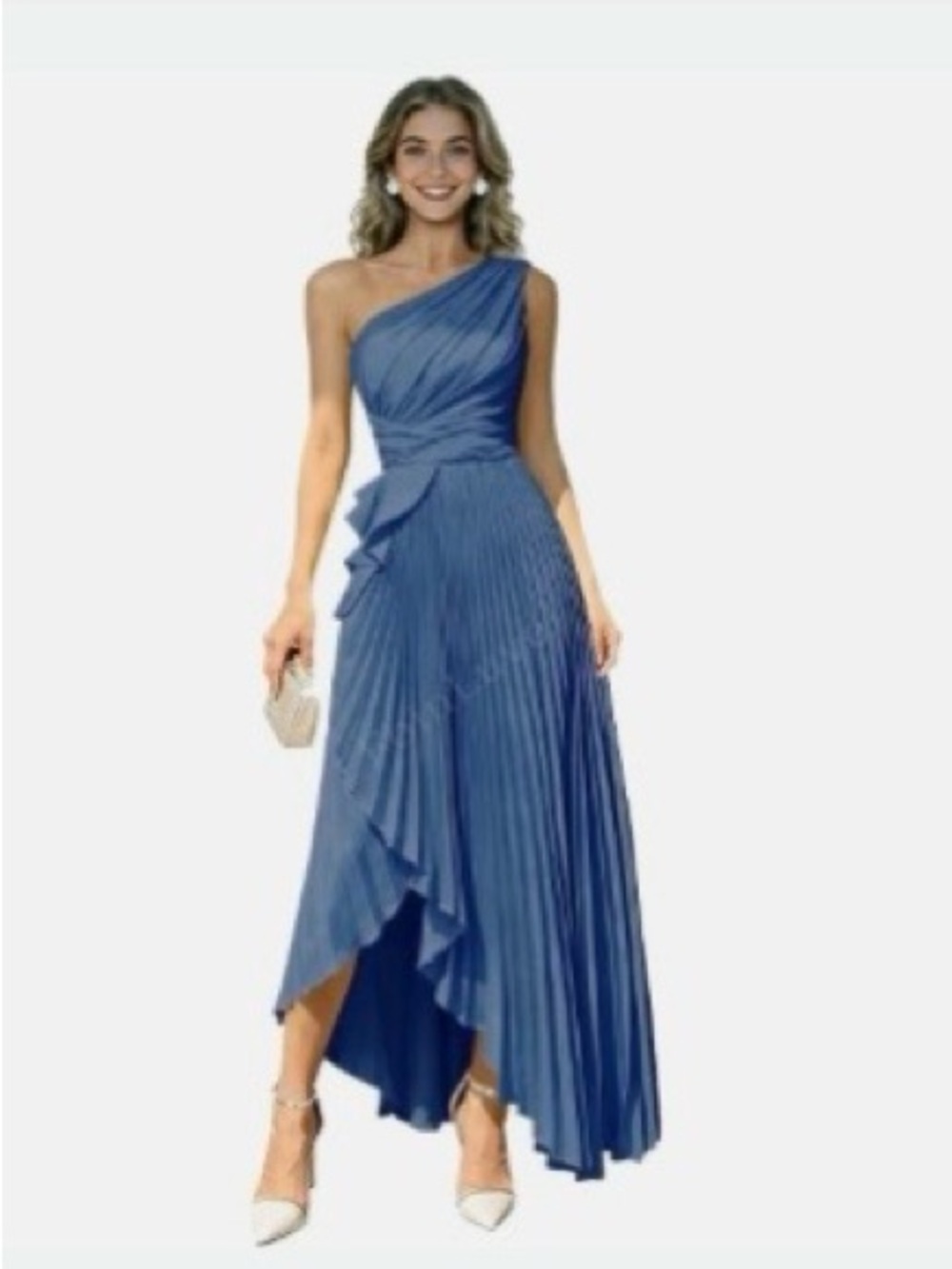 Asymmetric One-Shoulder Pleated Blue Evening Gown